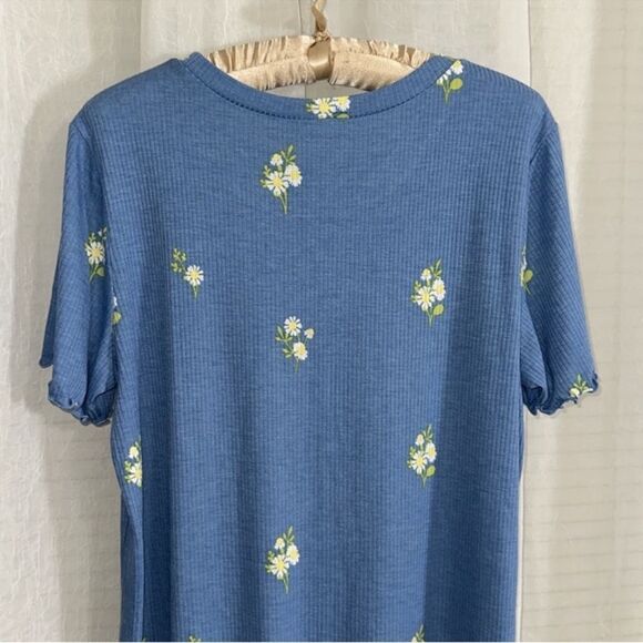 LuLaRoe XL Kelly Blue White Yellow Daisy Print Ribbed Short Sleeve Crewneck Top - Picture 7 of 14